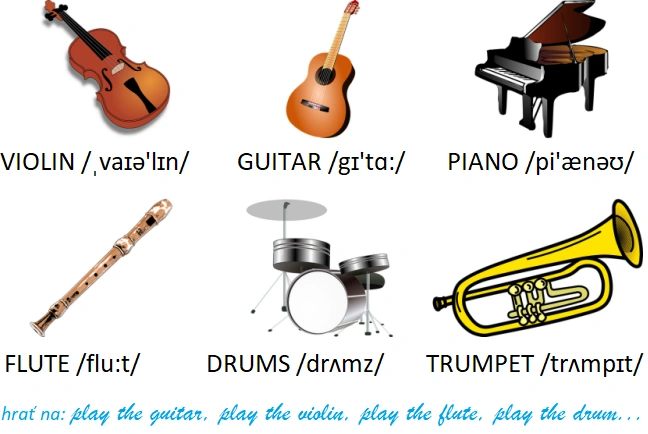voľný čas hudobné nástroje (husle, gitara, klavír, flauta, bicie)