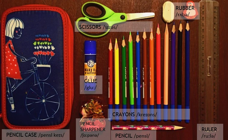 pencil case peračník a jeho obsah (nožničky, guma, lepidlo, pravítko, pastelky)