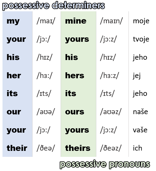 possessive determiners, possessive pronouns in English