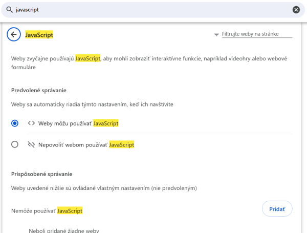 JavaScript chrome nastavenia 