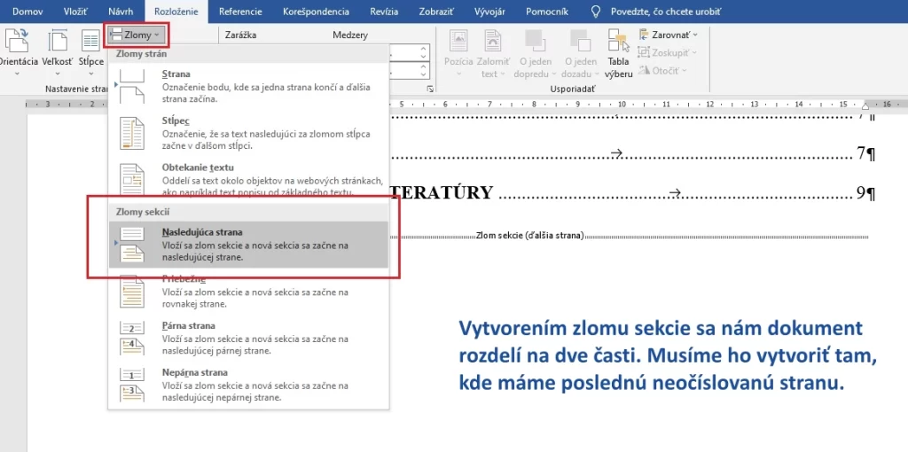 číslovanie strán vo worde - vytvorenie zlomu sekcie