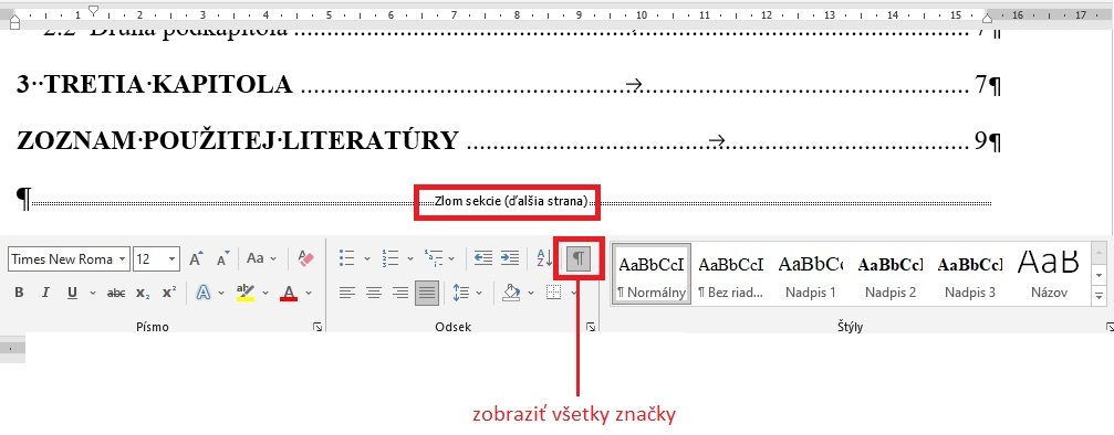 zobrazenie skrytých znakov