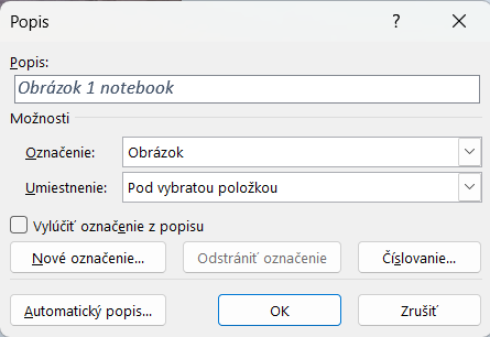 zoznam ilustrácií - vloženie popisu obrázka