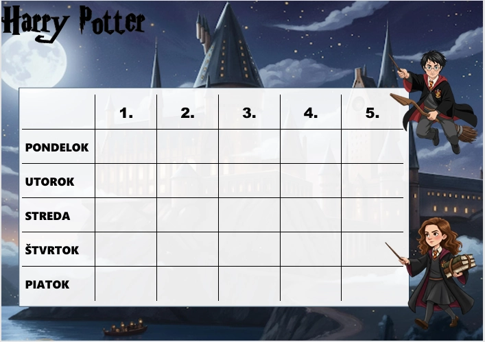 rozvrh hodín Harry Potter
